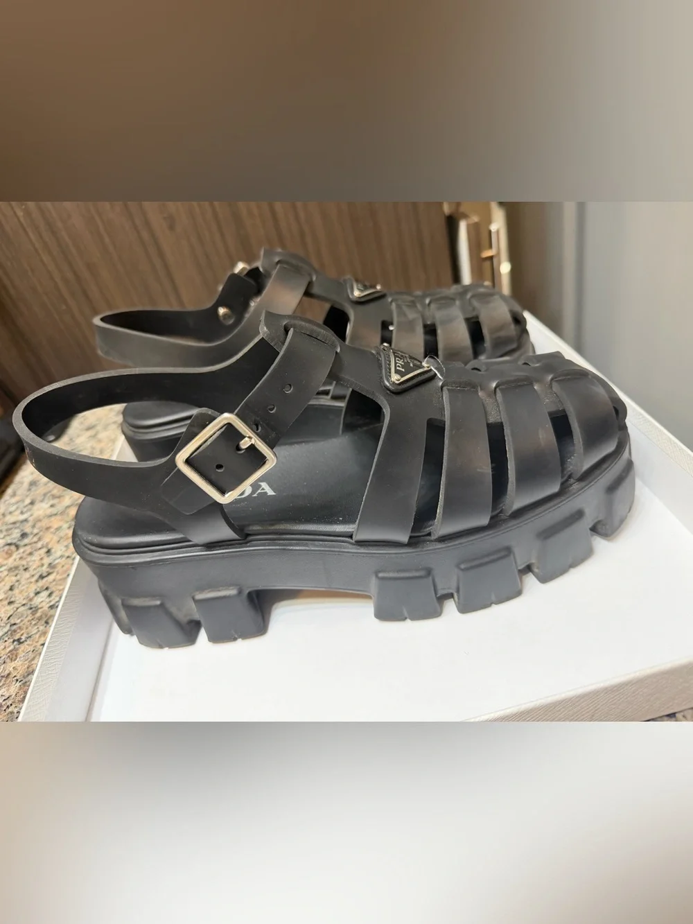 Prada Monolith Rubber Fisherman Sandals Black Nero w/ Box & Dust Bag
